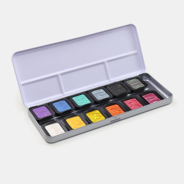 Finetec Watercolor Metal Tin Set, 12 - Colors, Pearlescent Rainbow - Guiry's