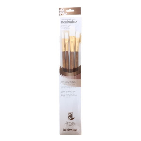 Princeton Brush Real Value 4 - Brush White Taklon Brush Set, Round 6, Filbert 6, Bright 8, Flat 12 (LH) - Guiry's