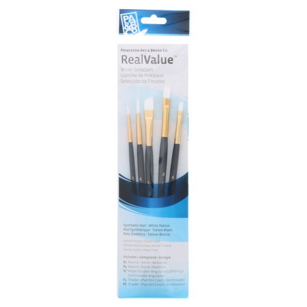 Princeton Brush Real Value 5 - Brush White Taklon Brush Set, Round 1, 4, Angle Shader 3/8, Shader 4, 8 - Guiry's