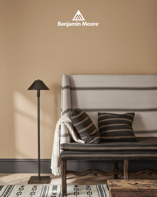 Rustic living area featuring a high-back striped settee and dark patterned throw pillows against a wall painted in Benjamin Moore Sherwood Tan 1054. A slim black floor lamp stands beside a patterned area rug, with the Benjamin Moore logo above.
