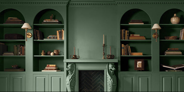 Interior design inspiration featuring curated paint colors and furnishings, banner layout, gray and green color palette