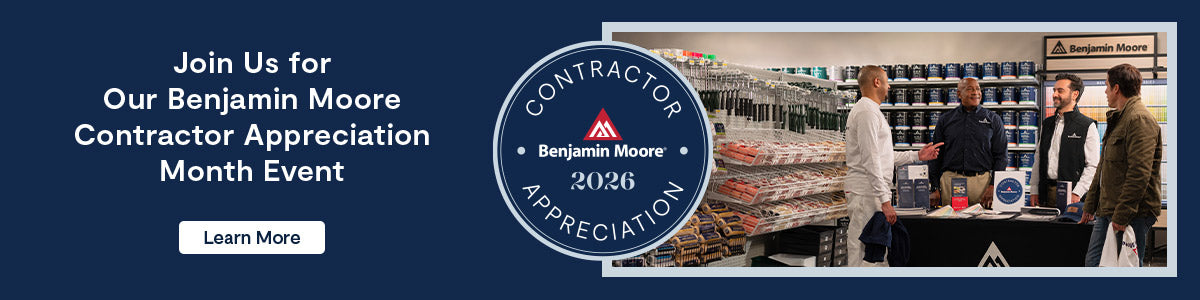 Benjamin Moore contractor appreciation event banner with text and logo.