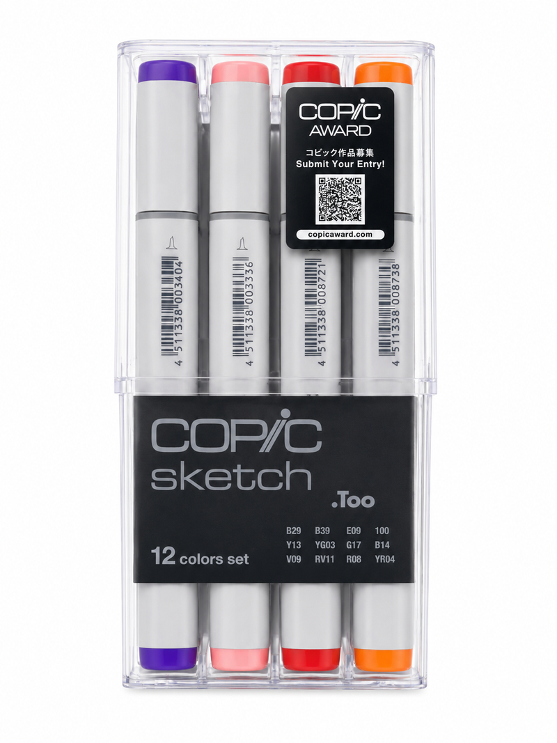 A 12-color set of Copic Sketch Too markers in a clear plastic case with a black front label and a Copic Award sticker.