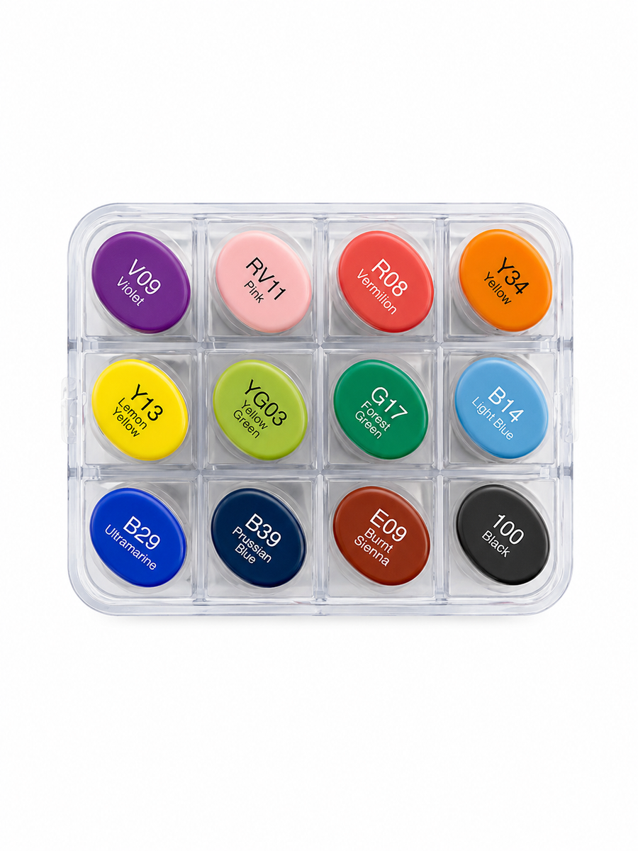 A 12-color MARKERS in a clear plastic case, featuring round, vibrant cream pots in purple, pink, red, orange, yellow, green, teal, light blue, dark blue, brown, rust, and black, each labeled with its shade name and number.