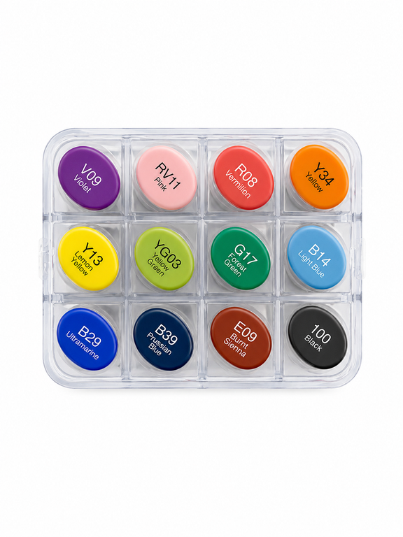 A 12-color MARKERS in a clear plastic case, featuring round, vibrant cream pots in purple, pink, red, orange, yellow, green, teal, light blue, dark blue, brown, rust, and black, each labeled with its shade name and number.