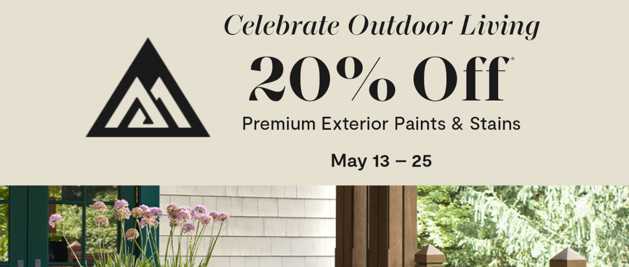 Advertisement for 20% off premium exterior paints and stains from Benjamin Moore at Guiry's