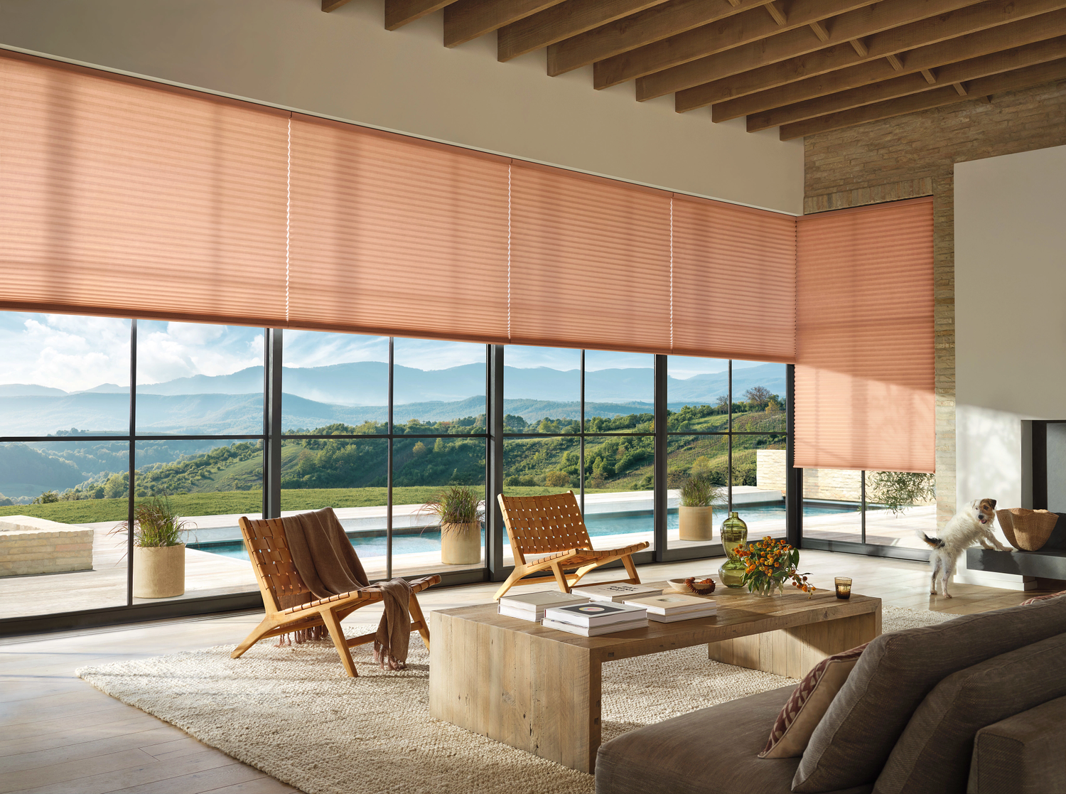 Hunter Douglas Duette Honeycomb Shades in a warm terracotta tone, providing energy-efficient light filtration for a modern living room with floor-to-ceiling windows and a mountain view.