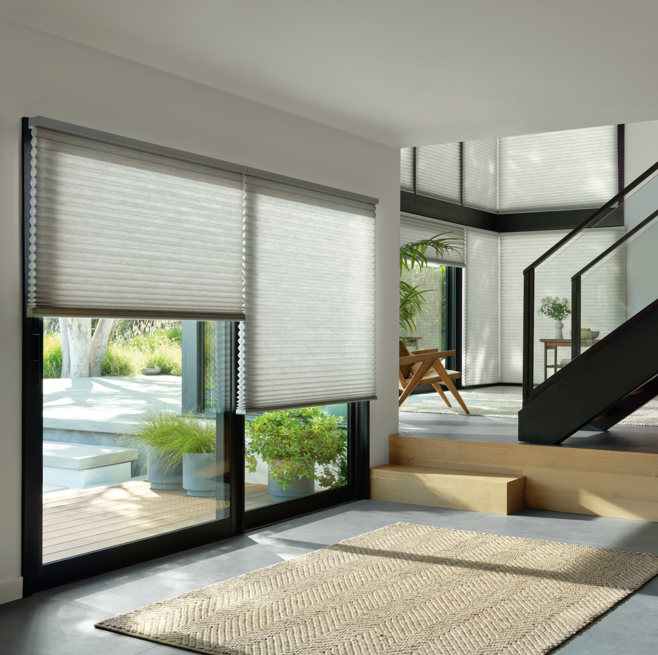 Modern interior with sliding glass doors and indoor plants