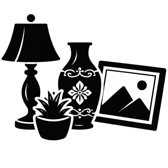 Icon of an arrangement of home decor items, including a lamp, a plant, a vase, and a picture frame. 