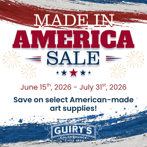 Guiry's Made In America Art Supplies Sale Banner with a graphic of red, white and blue paint smeared across the banner. 