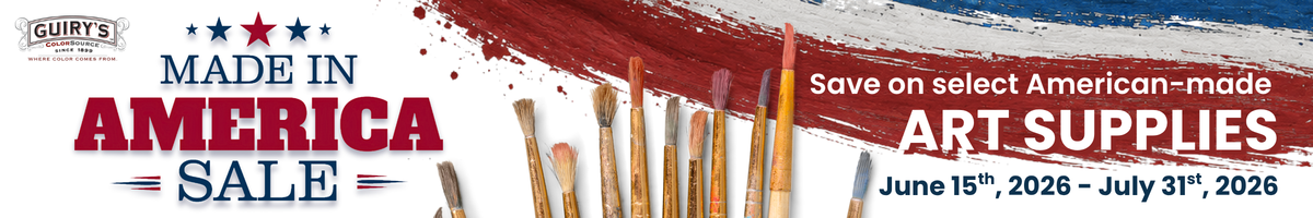 Guiry's Made In America Art Supplies Sale Banner with a graphic of paint brushes, and red, white and blue paint smeared across the banner. 