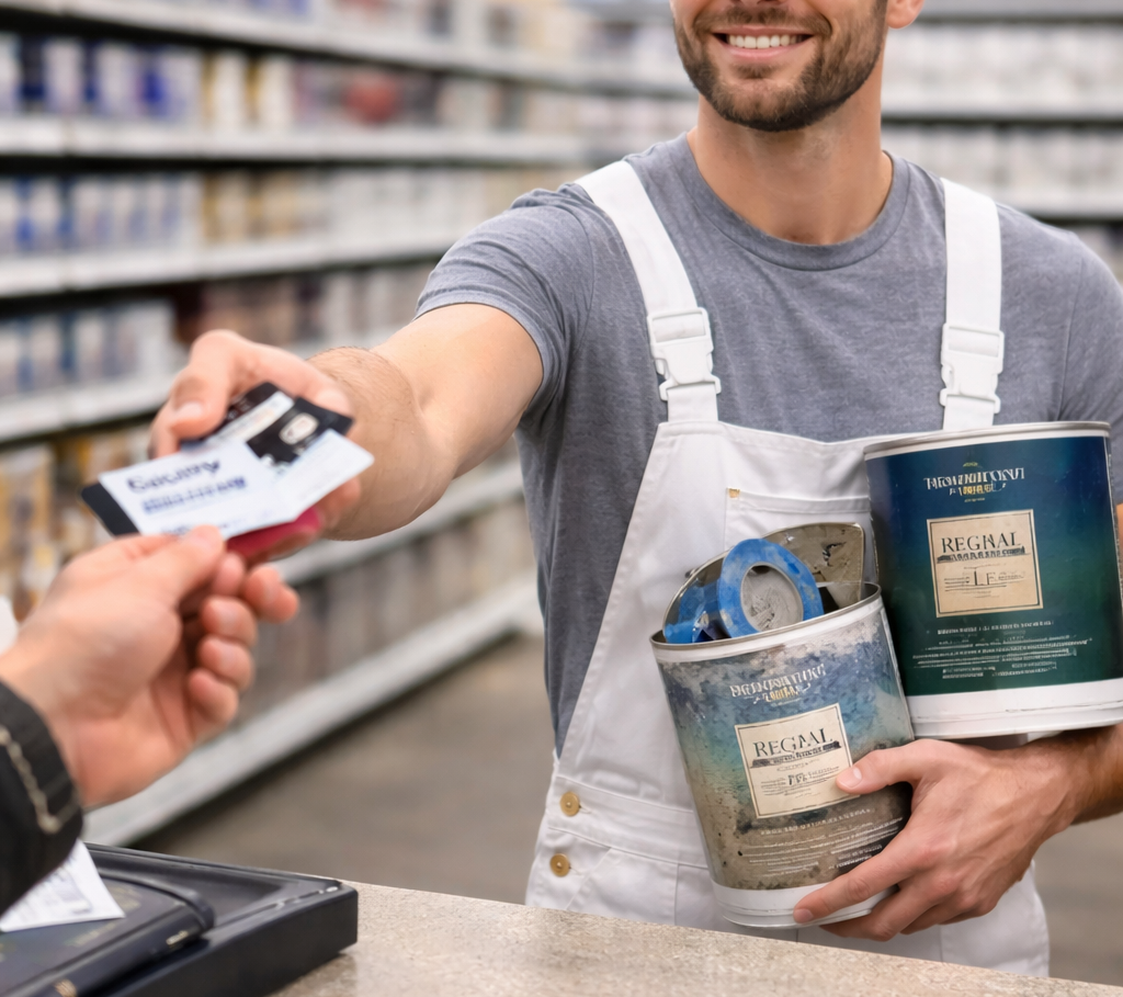 Man in a hardware store handing over paint cans to a customer.