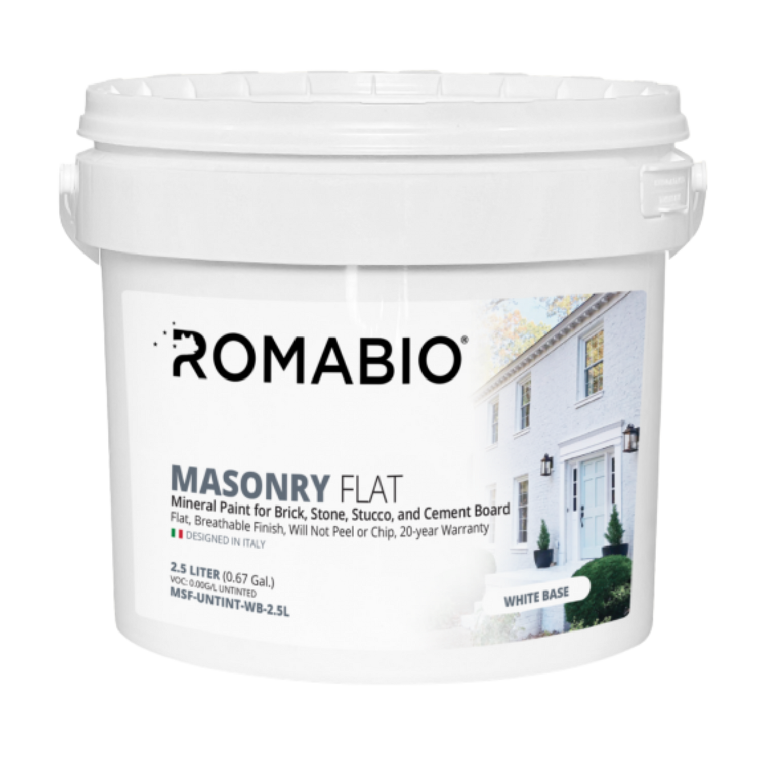 White paint bucket labeled 'Romabio Masonry Flat' on a white background