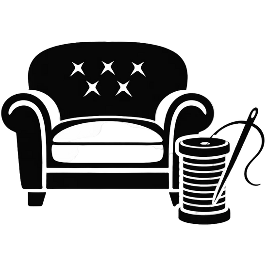 Black silhouette of a sofa with star patterns and a spool of thread on a white background