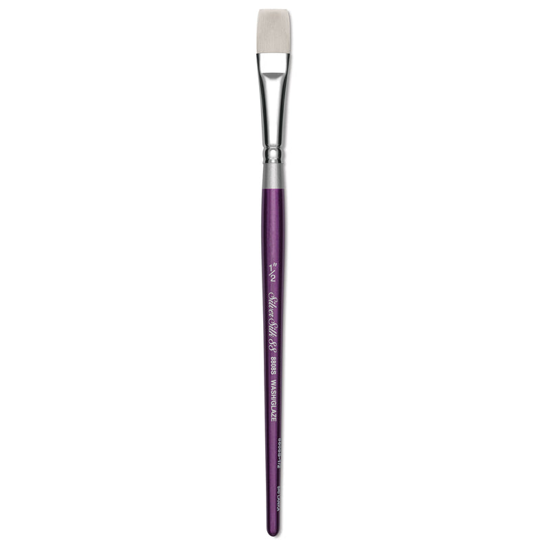 Paintbrush with purple handle and silver ferrule on a white background