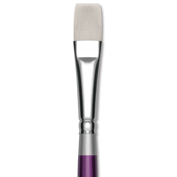 Paintbrush with purple handle and white bristle head on a white background