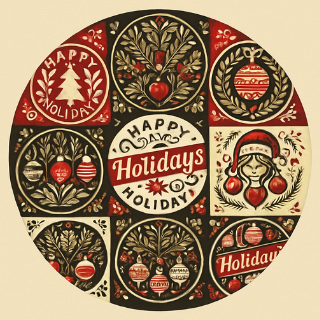 Circular design with 'Happy Holidays' text and festive illustrations on a beige background