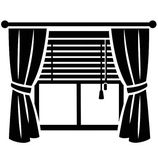 A black icon of a window with blinds and curtains
