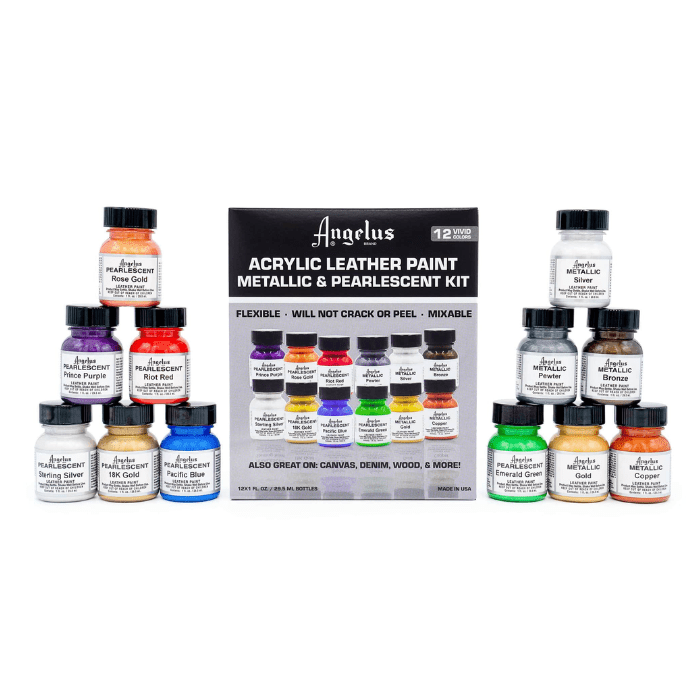 Angelus Leather Paint 1oz - Pearlescent and Metallic Paint Kit, 12 Colors - Guiry's