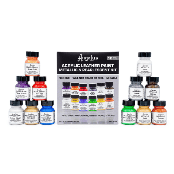 Angelus Leather Paint 1oz - Pearlescent and Metallic Paint Kit, 12 Colors - Guiry's