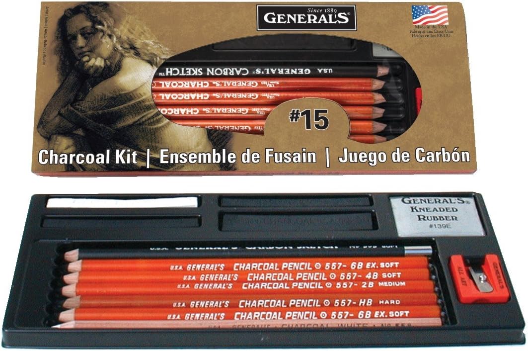General Pencil 15 Original Charcoal Drawing Kit, 13 - Piece Sketching Set with Charcoal Pencils, Sticks, Eraser, and Sharpener - Guiry's
