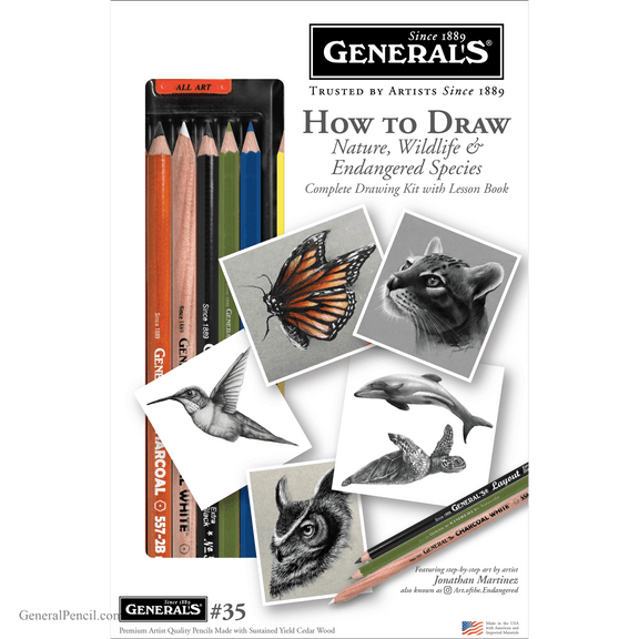General Pencil How to Draw Nature, Wildlife & Endangered Species Kit 35 with Lesson Book and Drawing Supplies - Guiry's