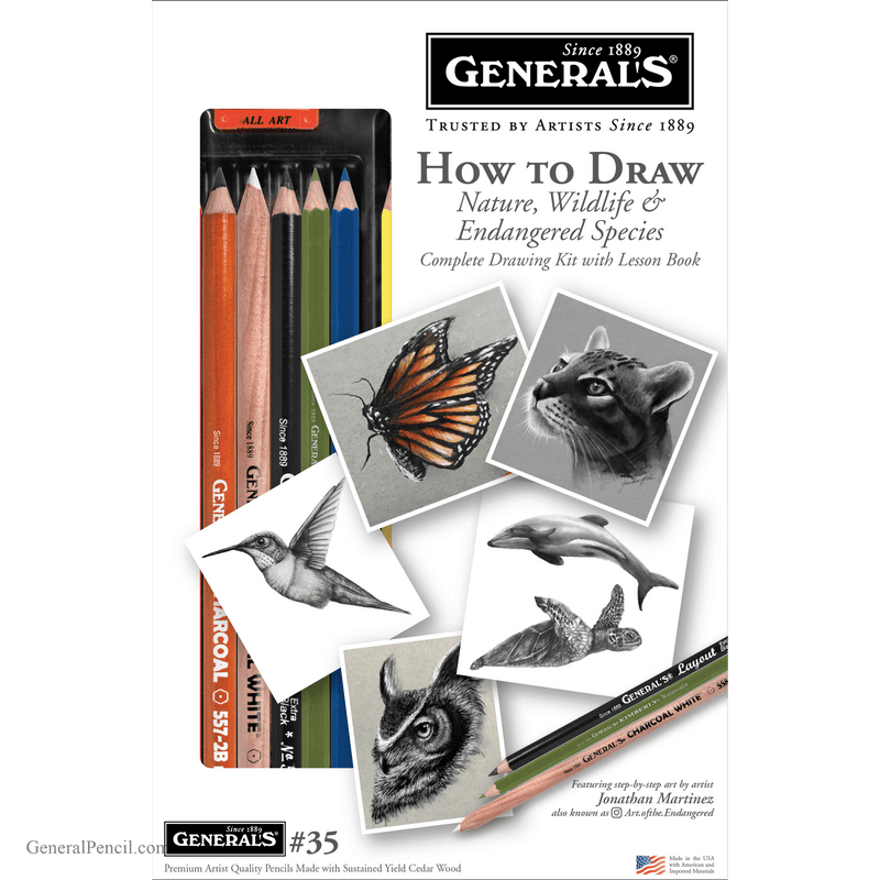 General Pencil How to Draw Nature, Wildlife & Endangered Species Kit 35 with Lesson Book and Drawing Supplies - Guiry's