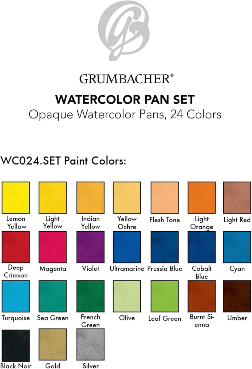 Grumbacher Transparent Watercolor Pan Set, 12 Colors with Brush and Mixing Lid - Guiry's