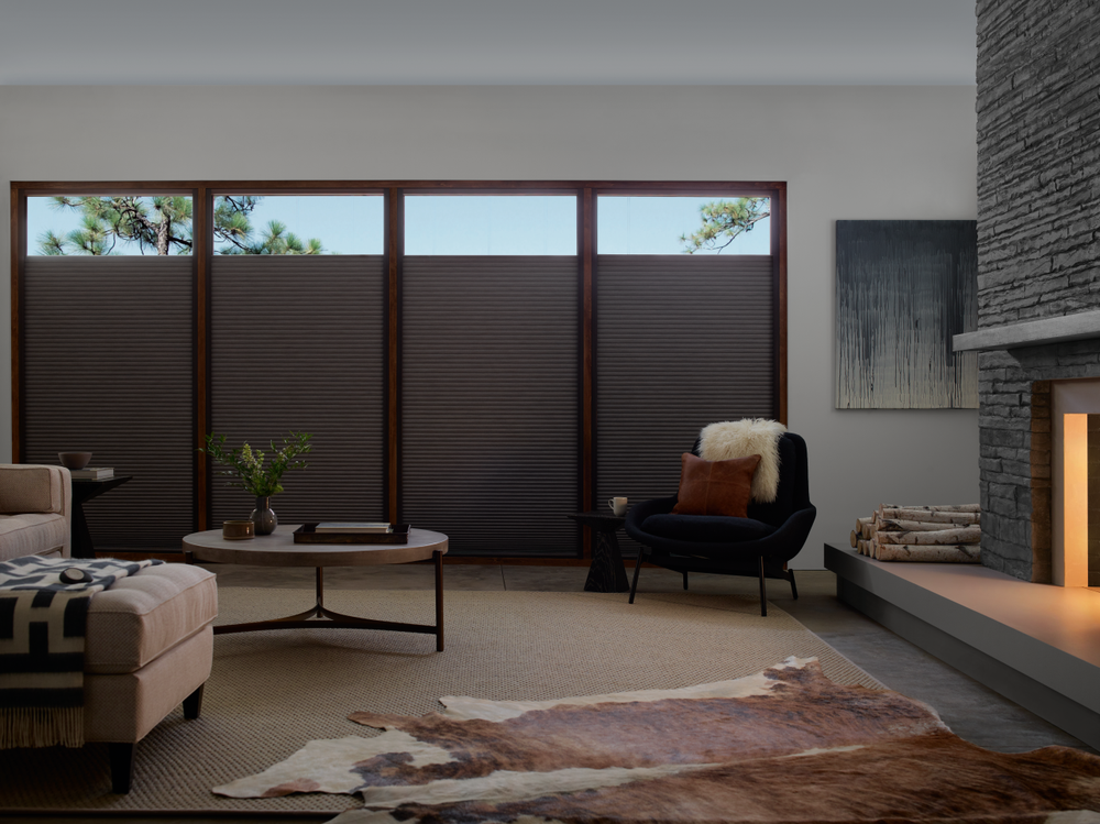 Hunter Douglas Duette Honeycomb Shades in a moody, modern living room featuring a stone fireplace, cowhide rug, and large windows with dark-toned cellular shades.
