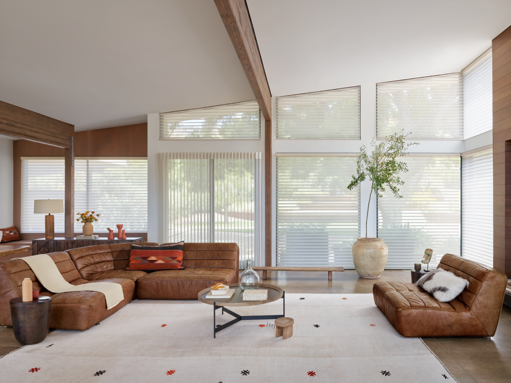 Hunter Douglas Silhouette window shadings and Luminette privacy sheers in a rustic modern living room with leather furniture and large windows.
