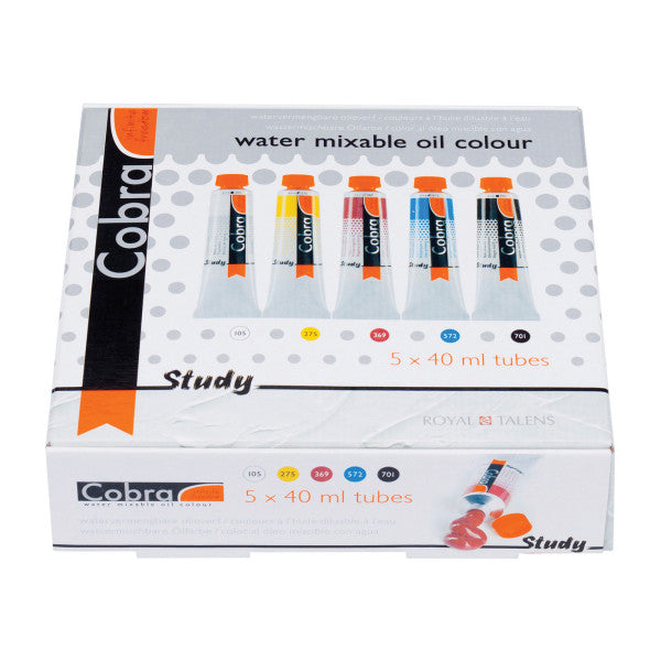Royal Talens Cobra Study Water Mixable Oil Color Set, Primary, 5-Colors