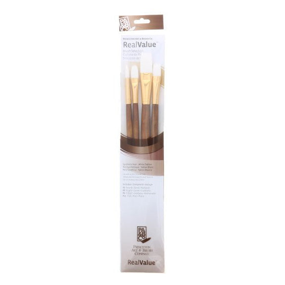 Princeton Brush Real Value 4 - Brush White Taklon Brush Set, Round 6, Filbert 6, Bright 8, Flat 12 (LH) - Guiry's
