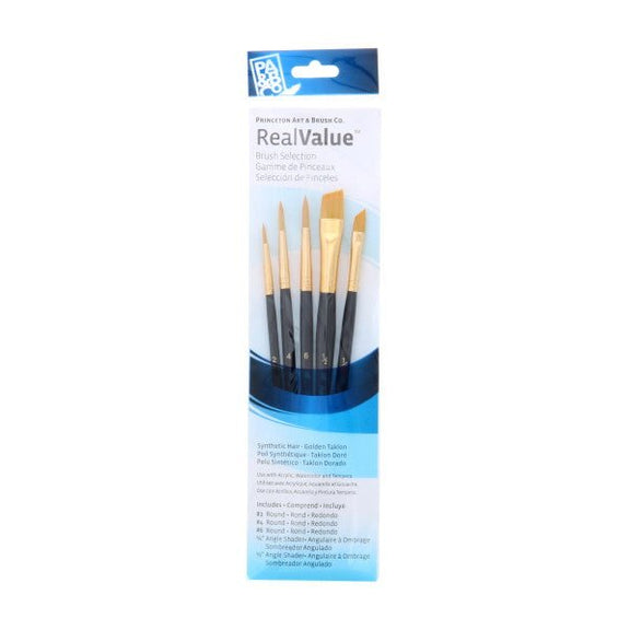 Princeton Brush Real Value 5 - Brush Golden Taklon Brush Set, Round 2, 4, 6, Angle Shader 1/4, 1/2 - Guiry's
