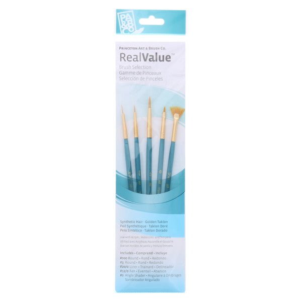 Princeton Brush Real Value 5 - Brush Golden Taklon Brush Set, Round 3/0, 3, Liner 20/0, Fan 12/0, Angle Shader 0 - Guiry's