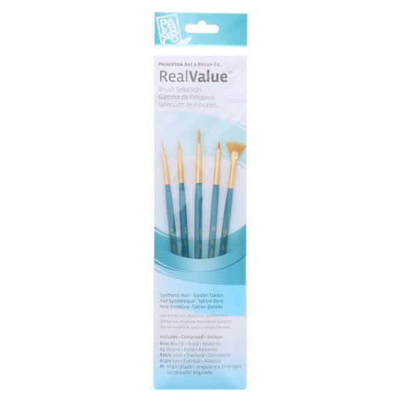 Princeton Brush Real Value 5 - Brush Golden Taklon Brush Set, Round 3/0, 3, Liner 20/0, Fan 12/0, Angle Shader 0 - Guiry's