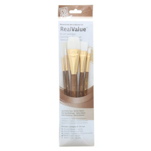Princeton Brush Real Value 5 - Brush White Taklon Brush Set, Round 1, 4, Shader 6, Wash 5/8, 1 - Guiry's