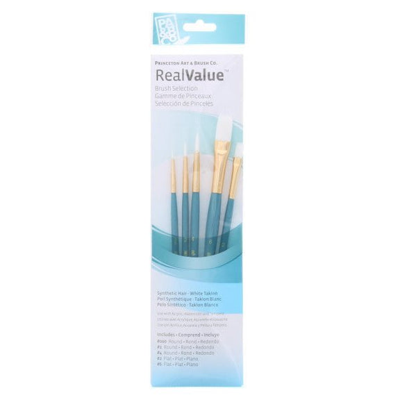 Princeton Brush Real Value 5 - Brush White Taklon Brush Set, Round 3/0, 2, 4, Flat 2, 6 - Guiry's
